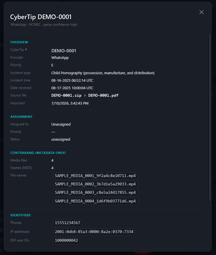 CyberTip detail — identifiers and contraband metadata