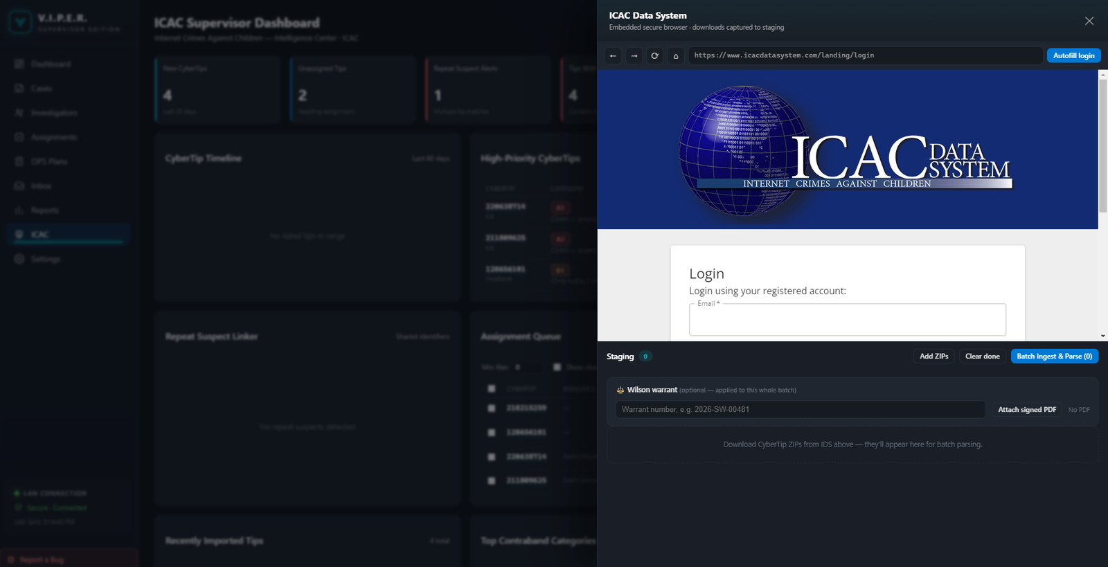 Embedded IDS browser with Wilson warrant staging